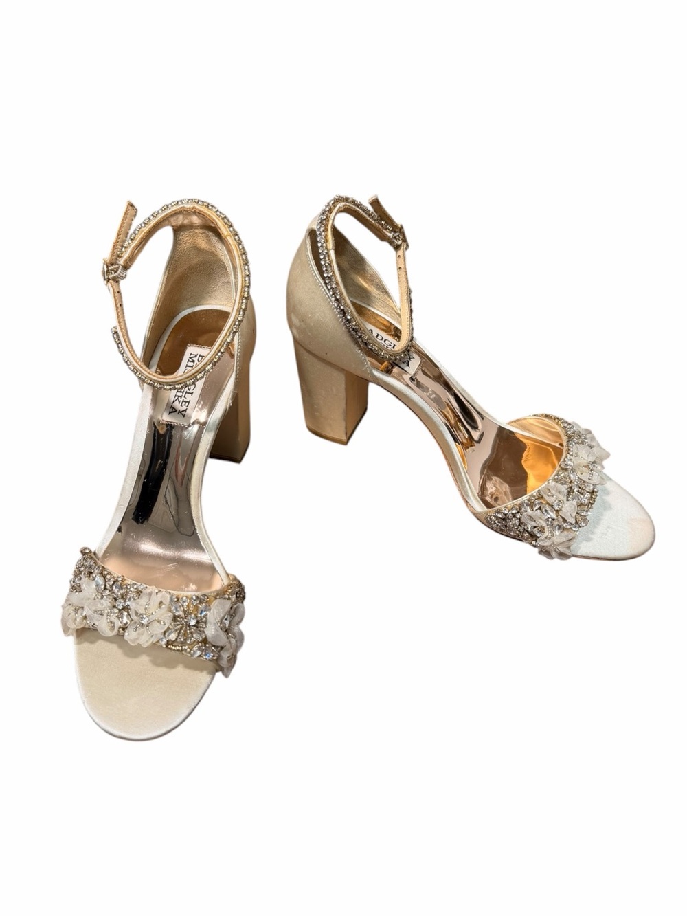 Badgley Mischka Finesse Ivory Satin Embellished Block Heels - Size 7.5